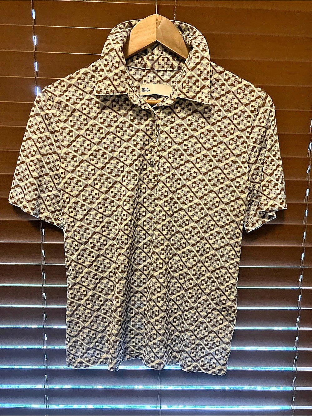 Tory Burch T Monogram Geometric Print Polo Shirt Brown & Cream